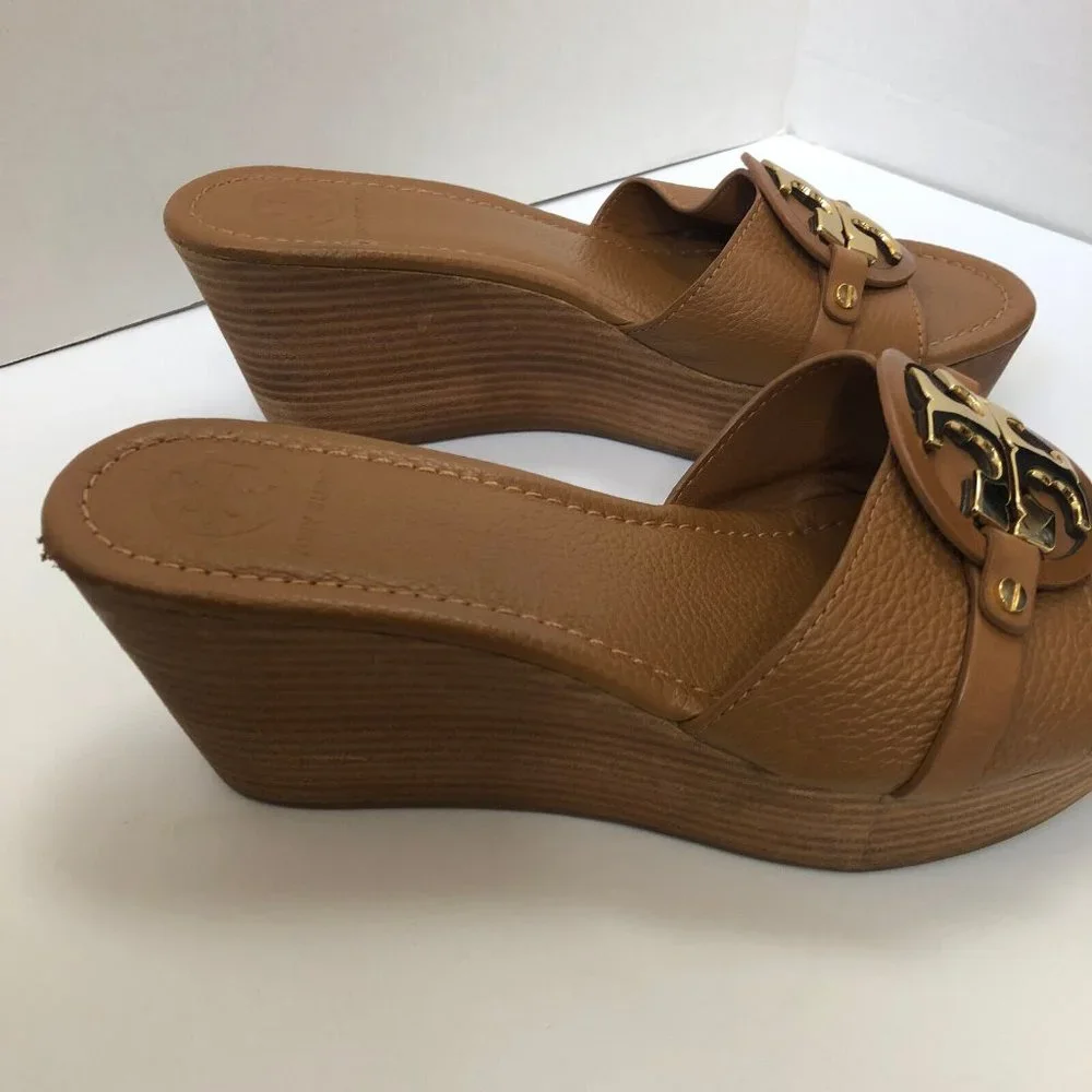 Tory Burch Patti Wedge Sandals Slides Platform Camel Brown Leather Womens 9M 9 - Picture 8 of 12